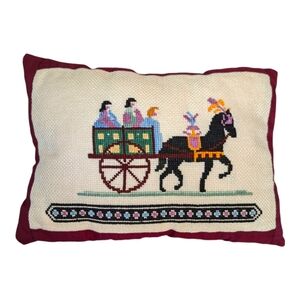 Vtg Handmade Cross Stitch Needlepoint Mini Throw Pillow Horse Carriage Imperial
